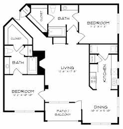 A black and white image of a floor plan for a home with a living room, kitchen, dining room, and two bedrooms.
