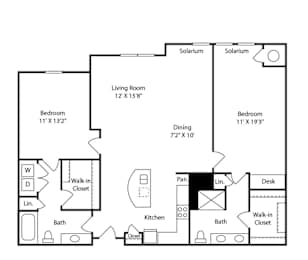 A floor plan of a house with two bedrooms, a living room, a dining room, a kitchen, a walk-in closet, a bath, and two solar panels.