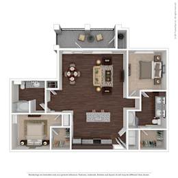 A floor plan of a house with a living room, dining room, kitchen, and two bedrooms.