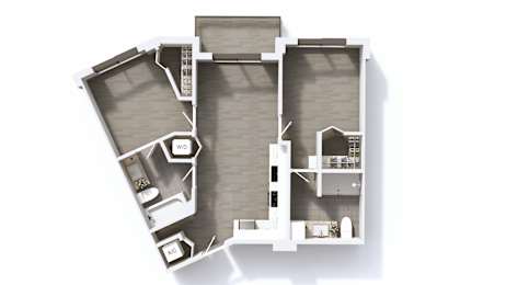 A 3D floor plan of a house with labeled rooms.