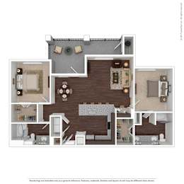 A floor plan of a house with a living room, dining room, kitchen, and two bedrooms.