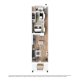 A floor plan of a small apartment with a kitchen, living room, and bedroom.
