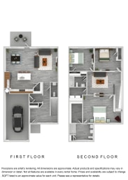 Floor Plan  3 bedroom townhome with 2.5 bathrooms and attached 1-car garage.