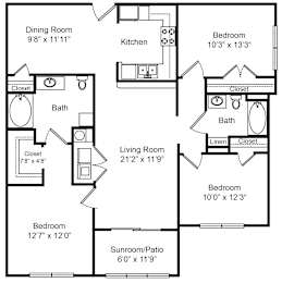 A floor plan of a house with a living room, two bedrooms, a dining room, a kitchen, a bath, and a sunroom/patio.