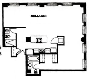 A black and white image of a floor plan for a building named Bellagio.