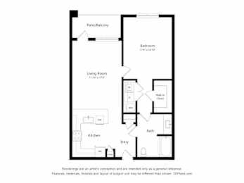A floor plan of a home with a living room, kitchen, bath, and two bedrooms.
