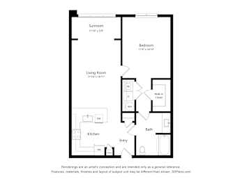 A floor plan of a small apartment with a living room, bedroom, kitchen, and bathroom.
