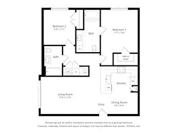 A black and white floor plan of a two bedroom apartment.