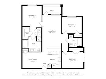 A black and white floor plan of a house with three bedrooms, a living room, a dining room, a kitchen, a bath, a walk-in closet, and a pato.