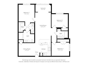 A black and white floor plan of a house with three bedrooms, a living room, a dining room, a kitchen, a bath, and a walk-in closet.