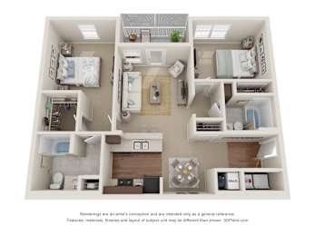 A 3D floor plan of a small apartment with a kitchen, living room, and two bedrooms.