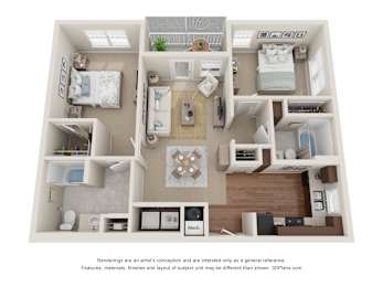 A 3D floor plan of a small apartment with a kitchen, living room, and bathroom.