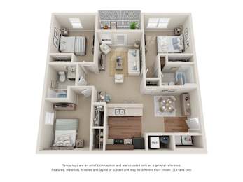 A 3D floor plan of a small apartment with a kitchen, living room, and two bedrooms.