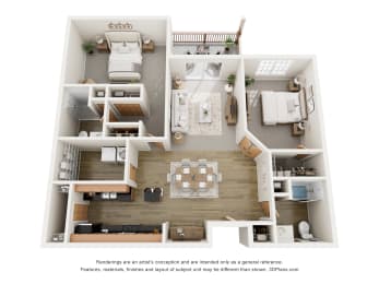 a 3d floor plan of a home with a bedroom and living room