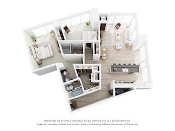 A 3D floor plan of a house with a kitchen, living room, and two bedrooms.