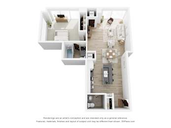A 3D floor plan of a house with a kitchen, living room, dining room, and two bedrooms.