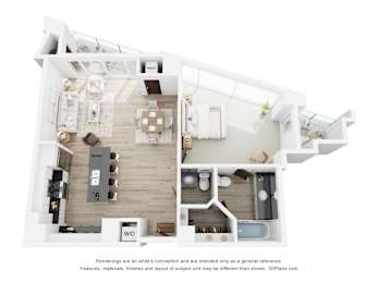 A 3D floor plan of a house with a kitchen, living room, and bathroom.