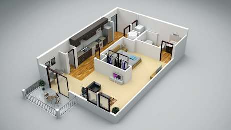 A 3D floor plan of a house with a kitchen, living room, and bathroom.