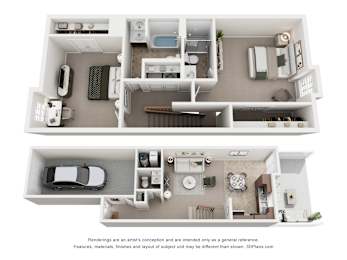 A diagram of a house with two floors, a living room, a kitchen, a dining room, and a bedroom.