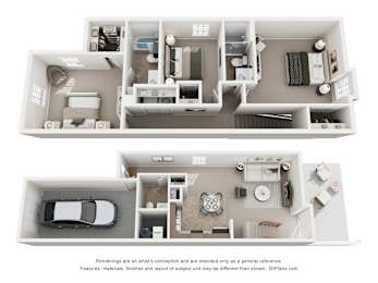 A 3D floor plan of a house with a kitchen, living room, and two bedrooms.
