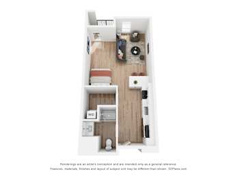A 3D floor plan of a small apartment with a kitchen, living room, and bathroom.