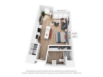 A 10x10 foot room with a kitchen, living room, and bathroom.