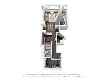 A 3D floor plan of a house with a kitchen, living room, and bathroom.
