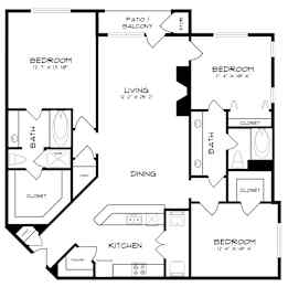A black and white image of a house floor plan with a living room, kitchen, dining room, and two bedrooms.