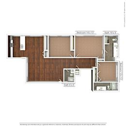 A floor plan of a small apartment with a bedroom, bathroom, and kitchen.