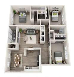 A 3D floor plan of a house with a kitchen, living room, and bedrooms.