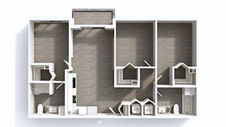 A 3D architectural model of a building with multiple floors and rooms.