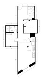 A floor plan of a house with a kitchen, two bathrooms, and two bedrooms.