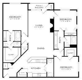 A black and white image of a house floor plan with a living room, kitchen, dining room, and four bedrooms.