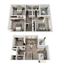A top-down view of a two-story apartment with a living room, kitchen, and bedrooms.