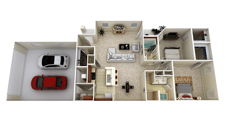 A top-down view of a house layout with a red car parked outside.