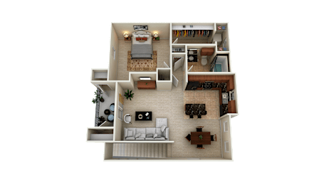 A 3D rendered image of a house layout.