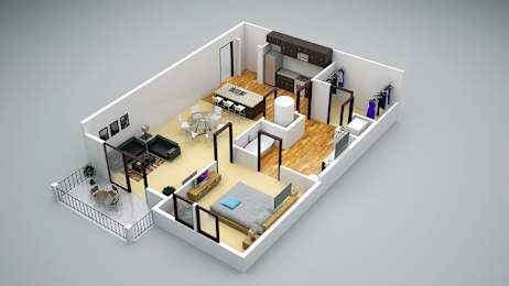 A 3D rendered image of a small apartment layout.