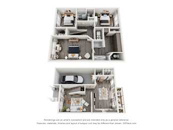 A 3D floor plan of a two-bedroom apartment with a kitchen and living room.