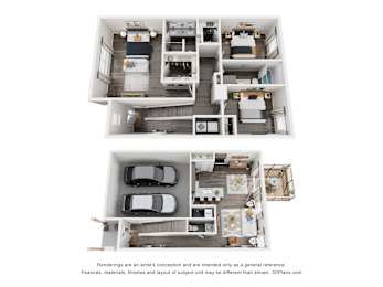A 3D floor plan of a house with two bedrooms, a living room, a kitchen, a bathroom, and a garage.