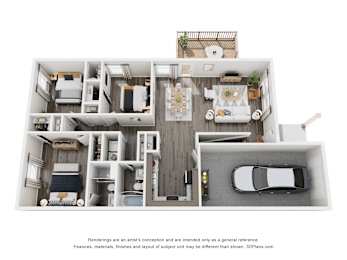 A 3D floor plan of a house with a kitchen, living room, and two bedrooms.