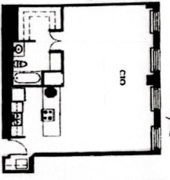 A black and white image of a floor plan with a door and a window.