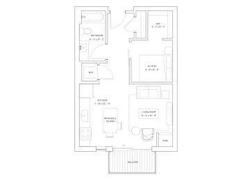 a floor plan of a small apartment with a bedroom and a living room