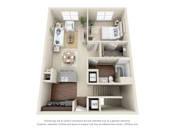 A 3D floor plan of a small apartment with a kitchen, living room, and bedrooms.