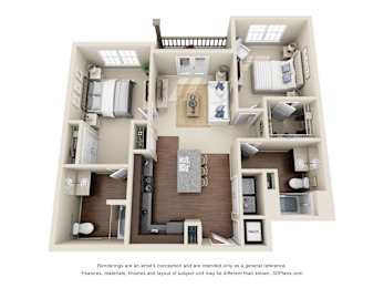 A 3D floor plan of a house with a kitchen, living room, and two bedrooms.