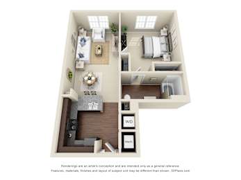 A 3D floor plan of a house with a kitchen, living room, dining room, and bathroom.