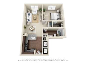 A 3D floor plan of a house with a kitchen, living room, and bedrooms.