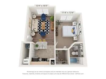 A floor plan of a small apartment with a living room, kitchen, and bedroom.