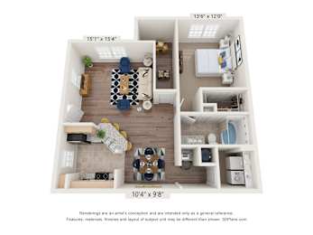 A 3D floor plan of a small apartment with a living room, kitchen, and bedroom.
