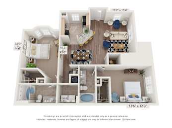 A 3D floor plan of a house with a living room, dining room, kitchen, and two bedrooms.