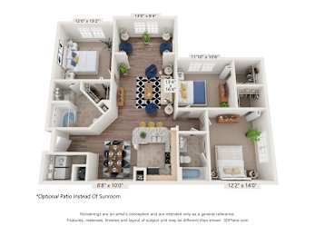 A 3D floor plan of a house with a living room, kitchen, dining room, and two bedrooms.